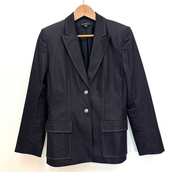 Tahari Stretch Denim Blazer Dark Wash Two Button Indigo Blue Academia Office 6 - Picture 2 of 11